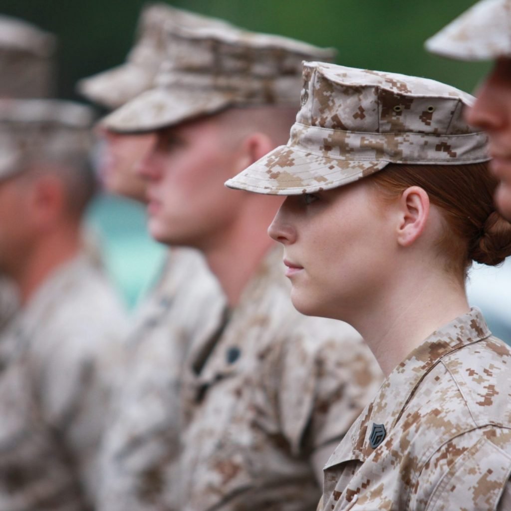 Profile of Marines at Quantico Virginia standing in formation; military justice