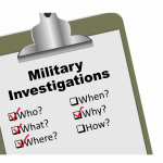 Clipboard graphic about components of military investigations; what are the types of military investigations?