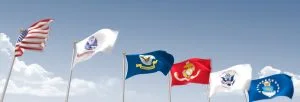 An image of the US Flag and the flags of each military service; successful court martial case results, win boards of inquiry, win court martial appeals, and obtain positive investigation outcomes