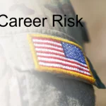 Photo graphic of a Soldiers OCP right sleeve with pocket and American flag with the words "Career Risk" super imposed onto the picture. GOMOR Army; Army GOMOR; consequences of a gomor; army gomar process; army GOMOR process