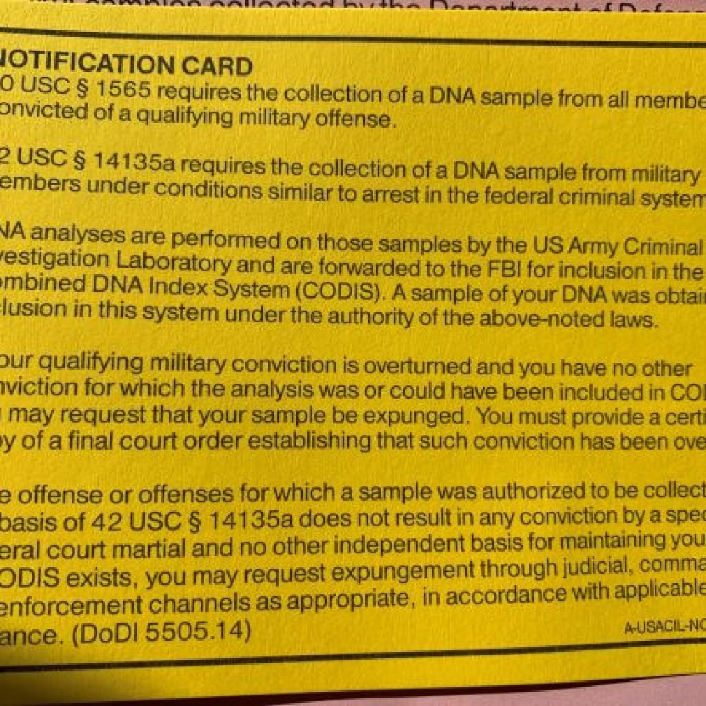 NCIS DNA Collection Notification Card; how to request expungement of your DNA records