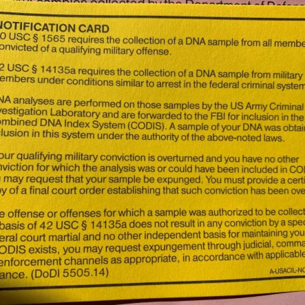 NCIS DNA Collection Notification Card; how to request expungement of your DNA records