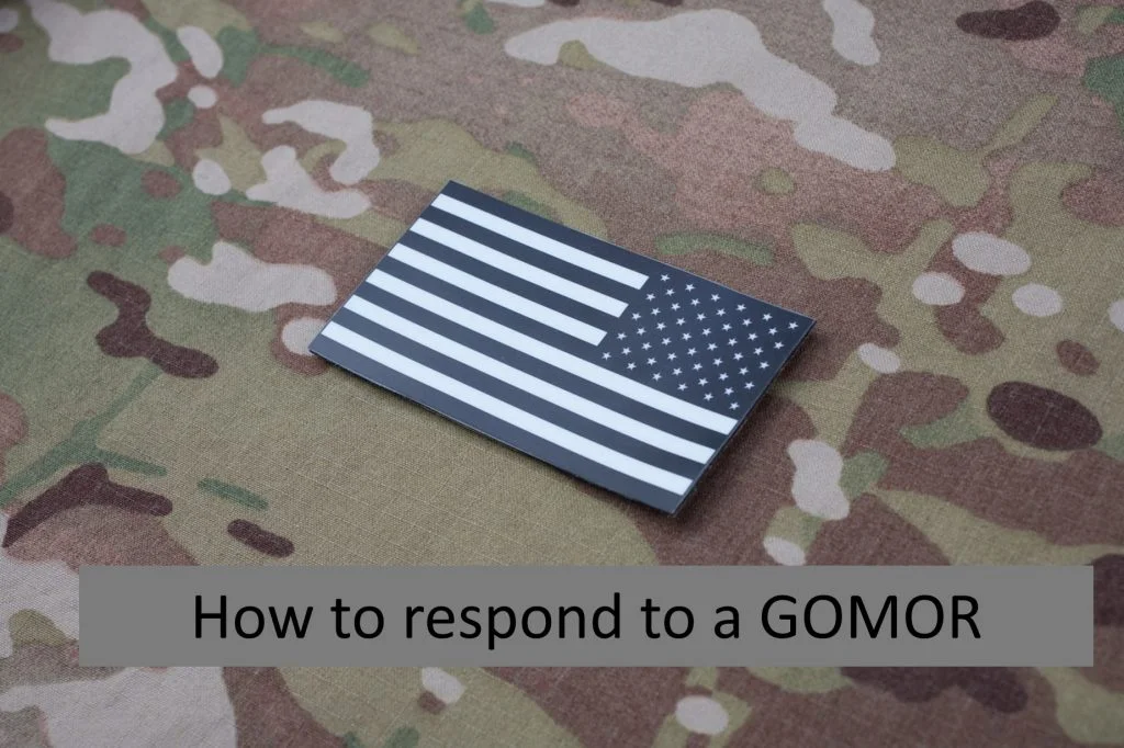 A picture containing a military uniform, subdued color US Flag patch; local filing GOMOR, how to respond to a GOMOR; GOMOR filed locally.