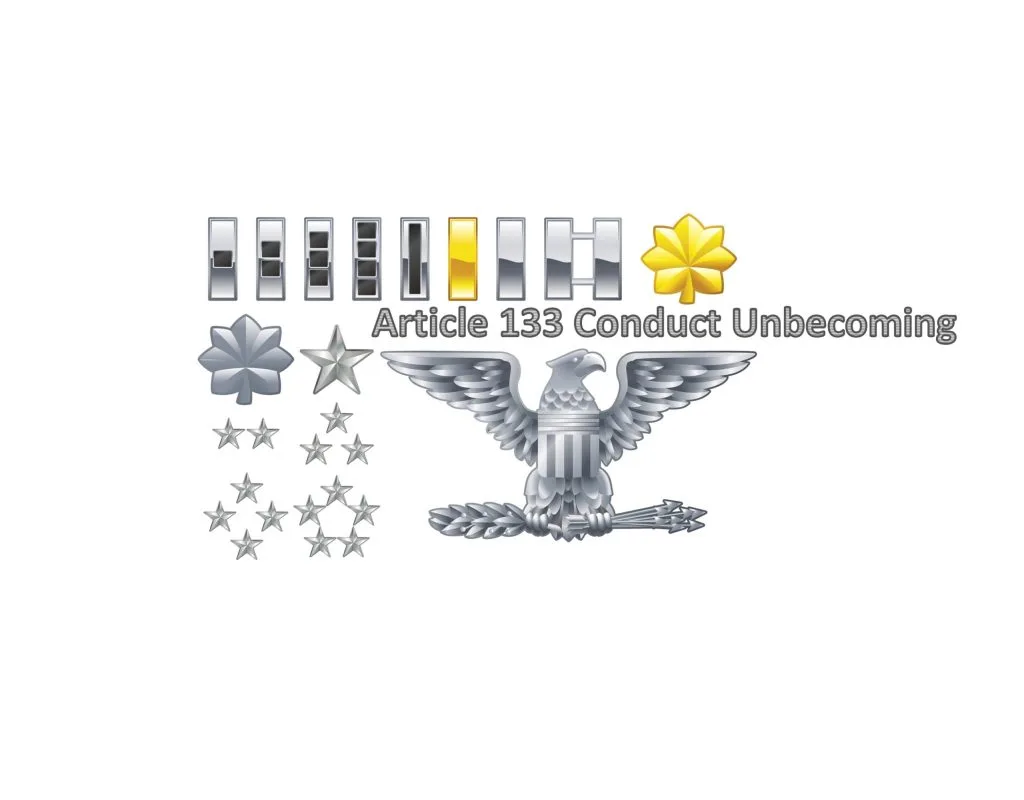Graphic depicting military officer ranks covered by text that says Article 133 Conduct Unbecoming an Officer; maximum punishment for violating Article 133; examples of Article 133 Conduct Unbecoming of an Officer