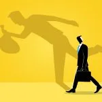 Cartoon Graphic of a man at work casting a shadow of a thief stealing a bag of money or goods; What is Article 121 Larceny and Wrongful Appropriation?
