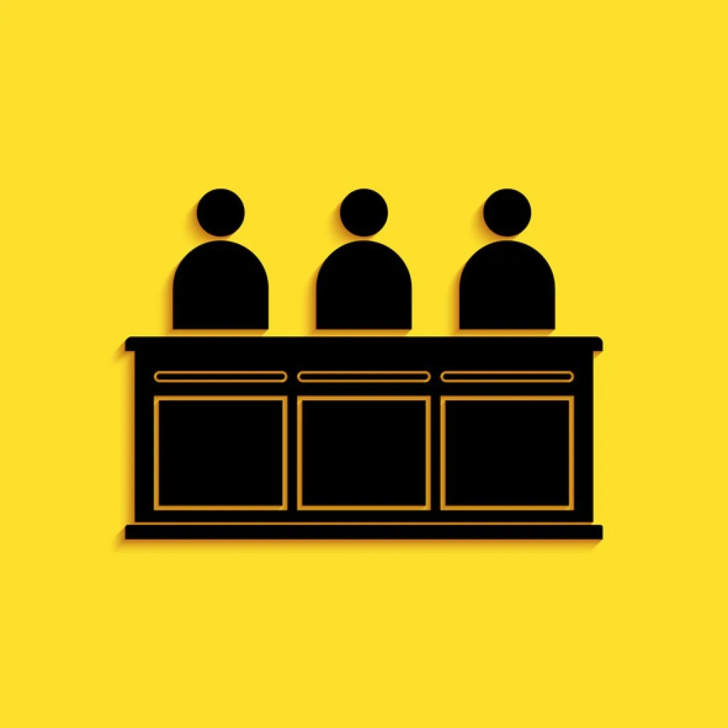 graphic of three jurors in silhouette seated in a courtroom; court-martial panel selection