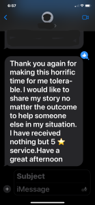Screenshot of a text message from a client saying he gives five stars for the service he received