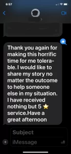 Screenshot of a text message from a client saying he gives five stars for the service he received