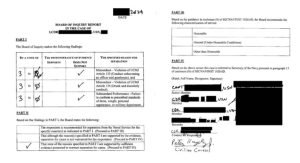 This is a photo of the signatures of Board members as part of the actual findings of a recent Board of Inquiry Navy defended by Peter Kageleiry, Jr.