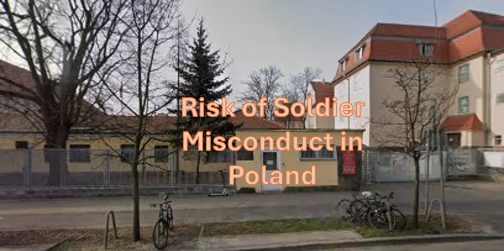 Graphic of outside of US Army camp in poland with the words Soldier misconduct in poland written across the top. GOMOR in Poland; Board of Inquiry Poland; Administrative separation board in Poland