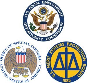 Logos of the EEOC, OSC, and MSPB created into a single graphic; Federal Employment lawyer; federal employee lawyer; Federal Employment Attorney; federal employee attorney