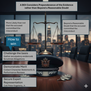 Graphic of a military capt on a table with the scales of justice floating over it and the graphic talks about Board of Inquiry, Show Cause Board, Officer Separation