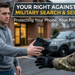 graphic of a service member handing his phone to a military policeman in front of a government building and a police suv cruiser. The policeman is wearing gloves. Can Military Law Enforcement Search My Phone