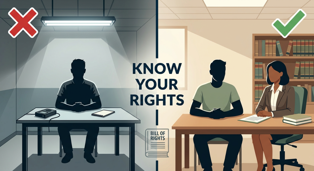 Split-screen illustration showing two scenarios for handling law enforcement questioning. Left side marked with red X shows isolated figure in stark interrogation room with harsh lighting and recording equipment. Right side marked with green checkmark shows figure consulting with attorney in professional office setting with warm lighting and legal resources. Central text reads 'Know Your Rights.' Educational image emphasizing importance of legal representation during questioning. What Should I Do If Military Law Enforcement Wants to Question Me?