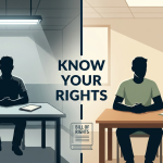 Split-screen illustration showing two scenarios for handling law enforcement questioning. Left side marked with red X shows isolated figure in stark interrogation room with harsh lighting and recording equipment. Right side marked with green checkmark shows figure consulting with attorney in professional office setting with warm lighting and legal resources. Central text reads 'Know Your Rights.' Educational image emphasizing importance of legal representation during questioning. What Should I Do If Military Law Enforcement Wants to Question Me?